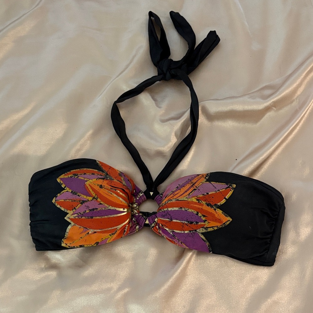 Daisys Boutique Black Bandeau Bikini Top with Orange and Purple Floral Accents